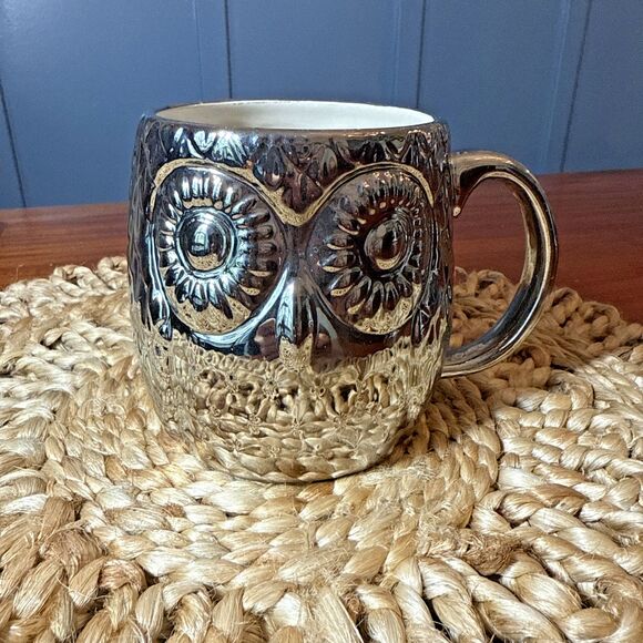 West Elm‎ Owl Mug Silver Metallic Coffee Cup Birds 21 oz Chi Omega Textured - Picture 2 of 9
